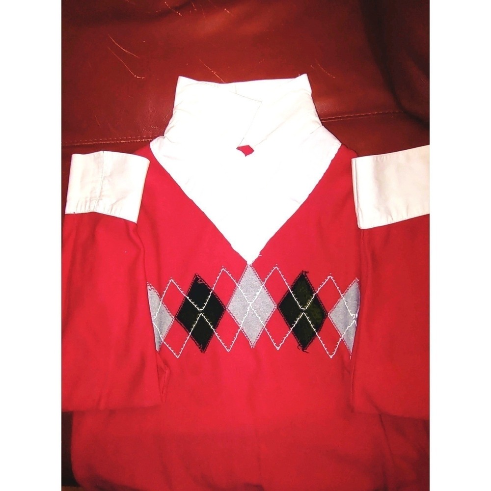 Y2K Cotton Argyle Sweater‎ Red Black French Cuff & Collar Layered Style - Large - Picture 8 of 8